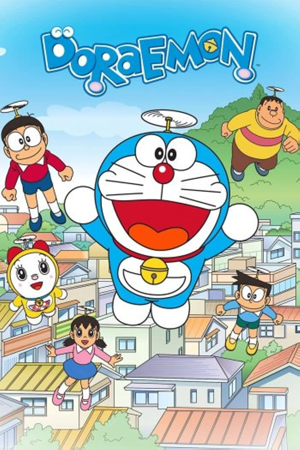 doraemon 4K 桌布 壁紙 — 哆啦A夢和他的朋友們在明亮的藍天下，歡快地漂浮在色彩繽紛的郊區社區上空。