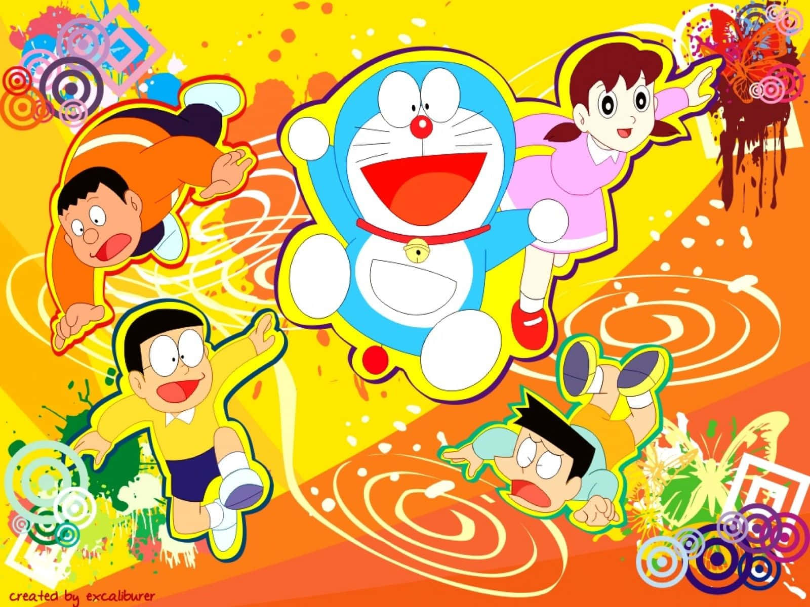 Doraemon 桌布 壁紙 — 哆啦A夢和他的朋友們在明亮的黃色背景下，歡快地跳躍穿過色彩繽紛的漩渦和油漆飛濺的爆炸。