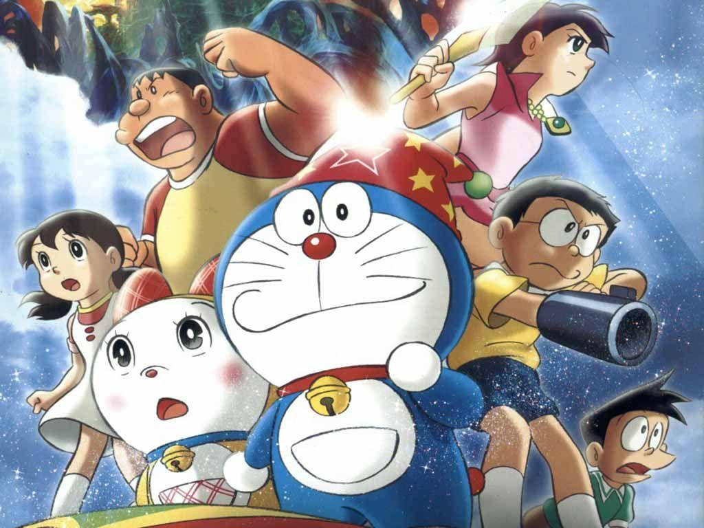 Doraemon And Nobita 桌布 壁紙 — 哆啦A夢和他的朋友在一個動態的動漫場景中，背景是繁星點點的宇宙，色彩鮮豔，表情豐富。