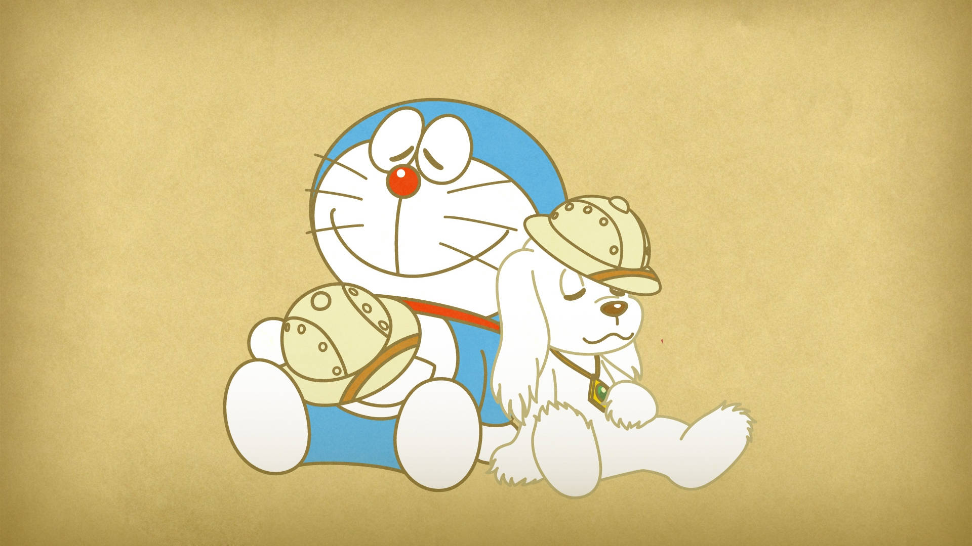 Doraemon 桌布 壁紙 — 哆啦A夢和他的白色狗同伴並排坐在帶有溫暖復古色調的紋理米色背景上。