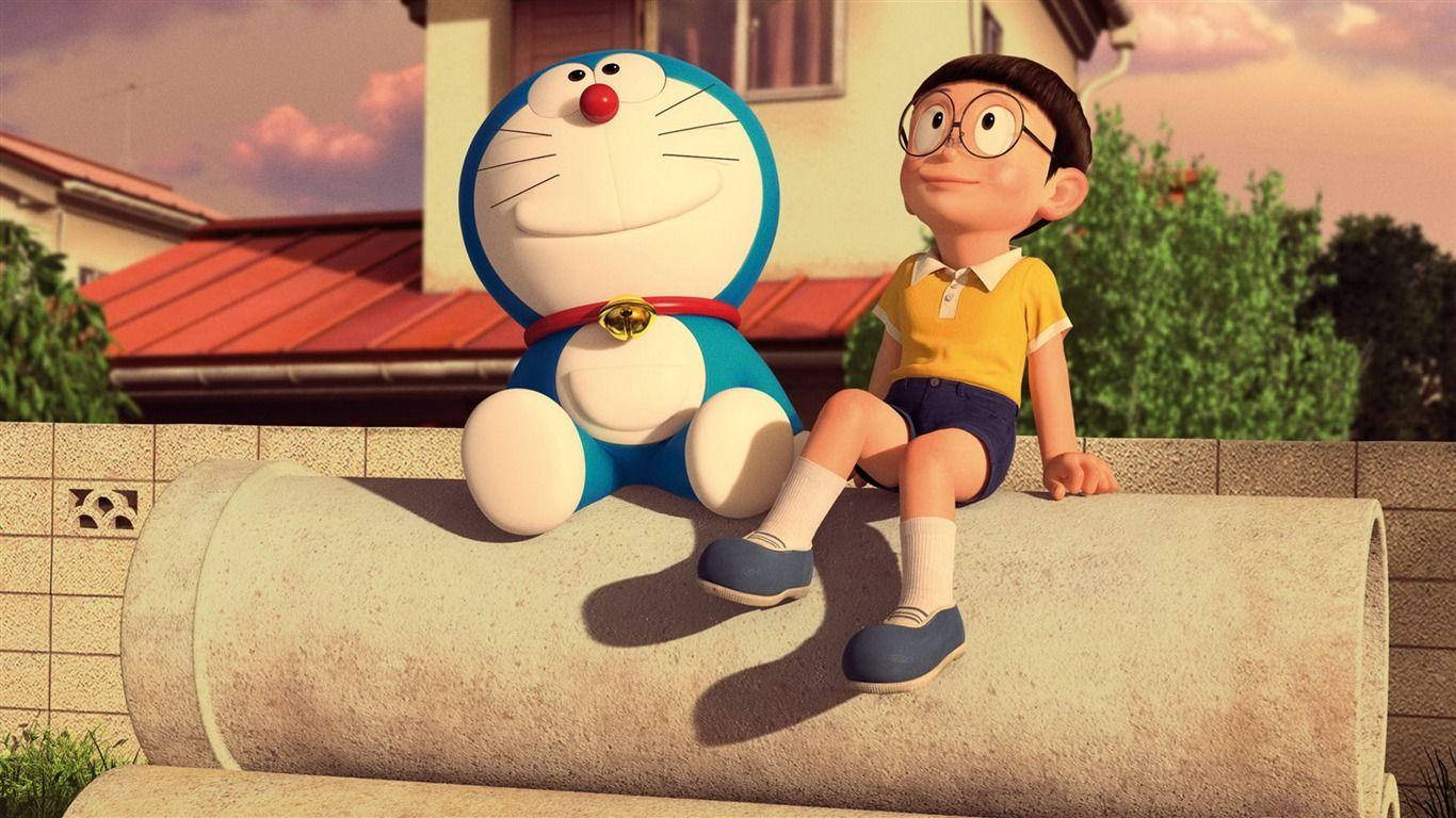 Doraemon And Nobita 桌布 壁紙 — 哆啦A夢和大雄一起坐在郊區後院的混凝土管上，正值溫暖的日落時分。