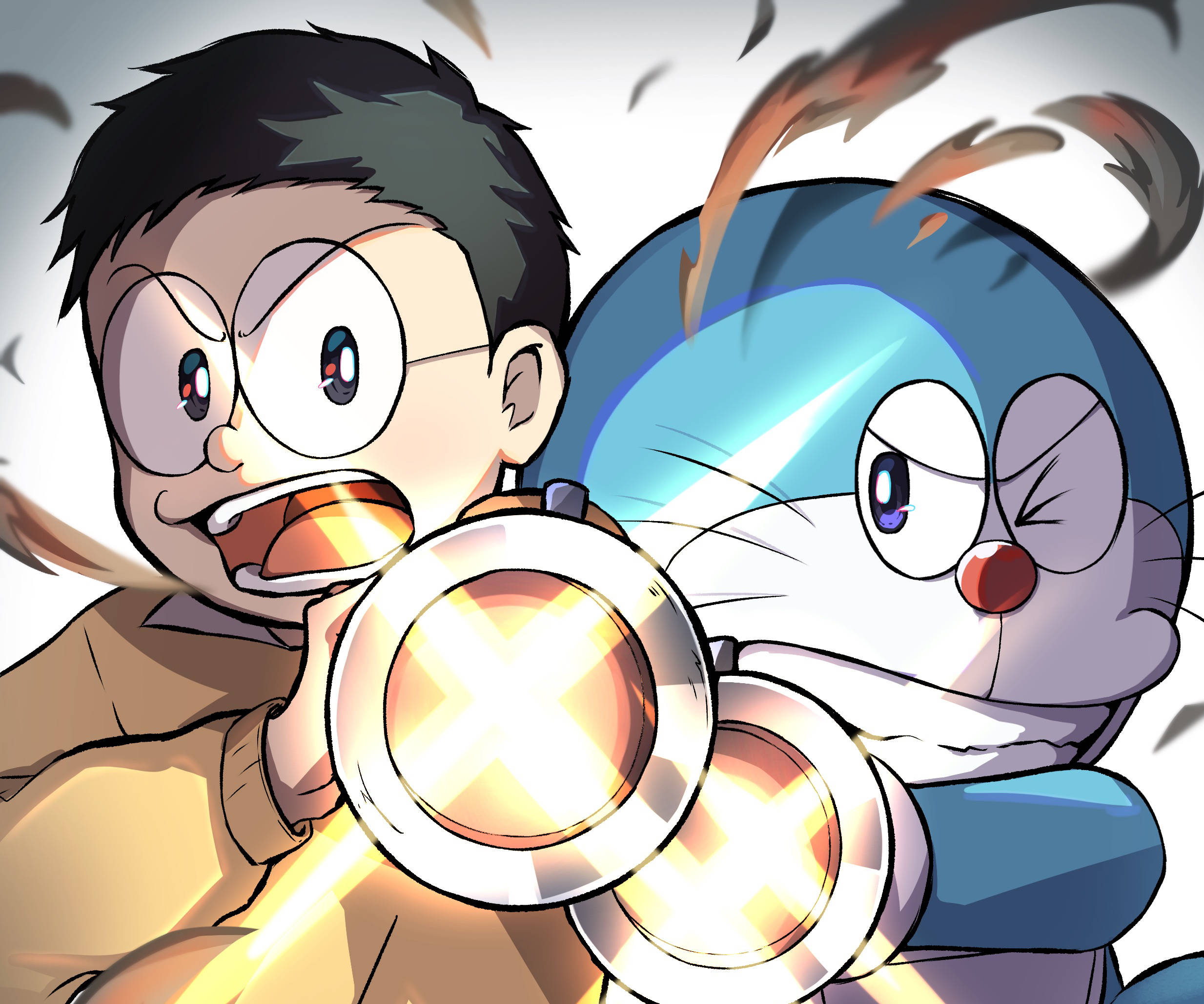 Cute Doraemon 桌布 壁紙 — 哆啦A夢和大雄以強烈的表情瞄準發光的未來武器，背景是動態的運動模糊效果。