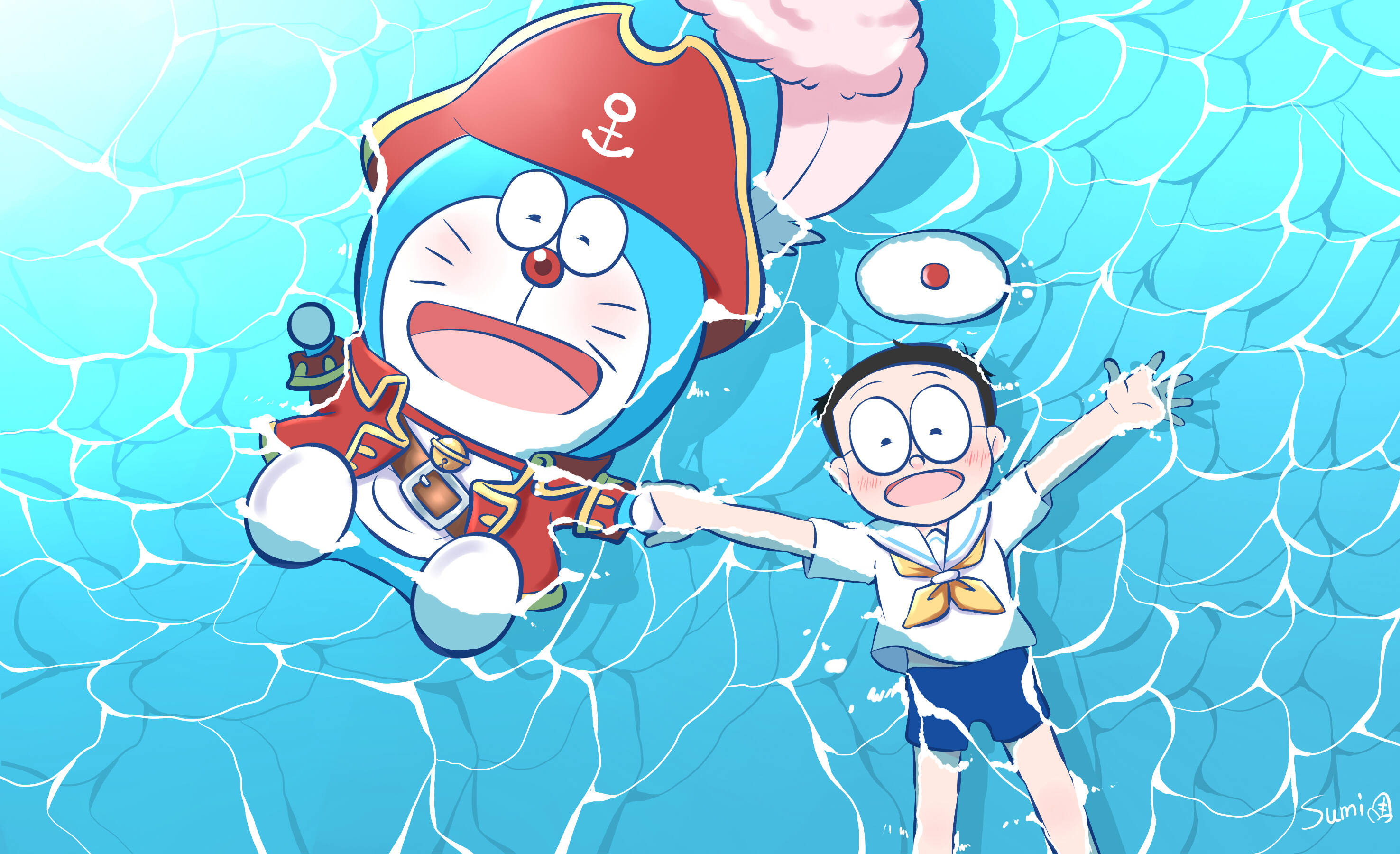 Doraemon And Nobita 桌布 壁紙 — 哆啦A夢和大雄在明亮的藍色泳池中快樂地游泳，水面泛起漣漪效果。