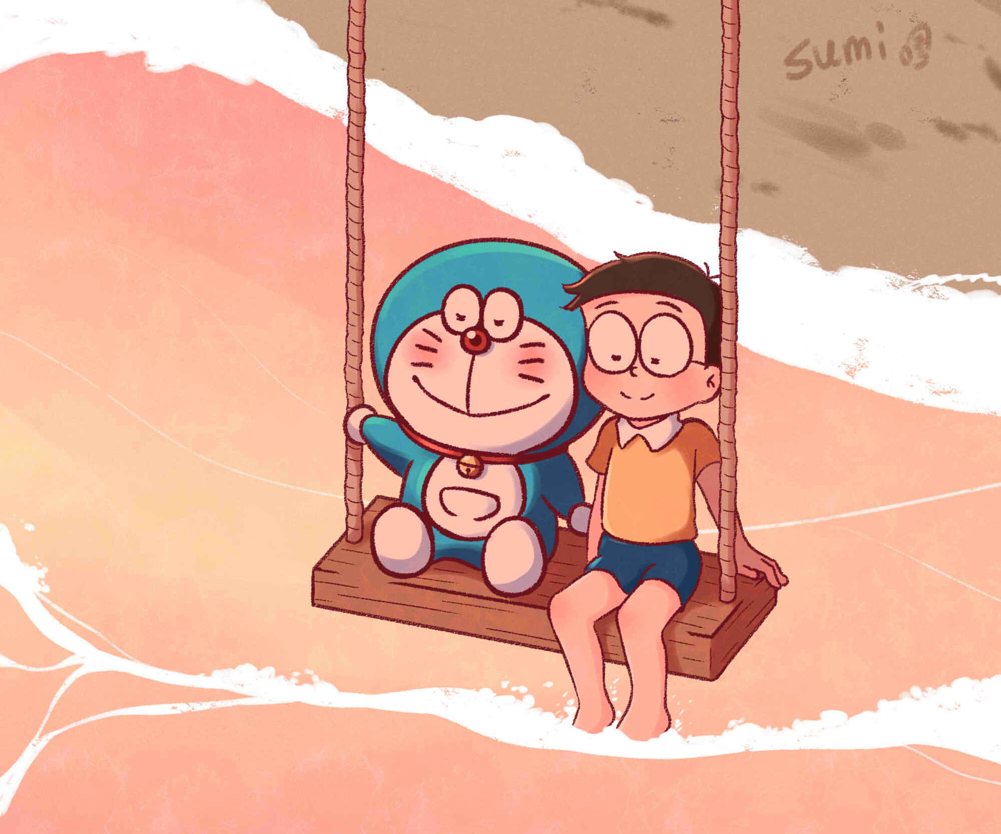 Doraemon And Nobita 桌布 壁紙 — 哆啦A夢和大雄在木製鞦韆上一起微笑，溫暖的海灘上溫柔的波浪拍打著他們的腳。