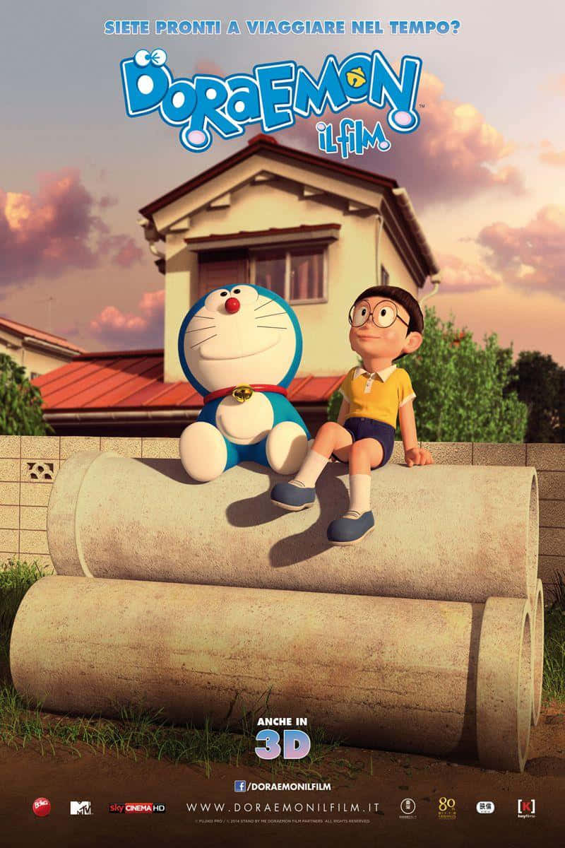 Doraemon 桌布 壁紙 — 哆啦A夢和大雄在溫暖的日落時分一起坐在房子前面的大管道上。