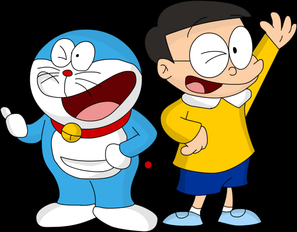 Doraemon 桌布 壁紙 — 哆啦A夢和大雄在純黑背景前咧嘴大笑，開心地揮手。