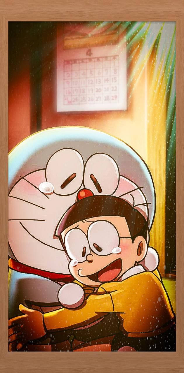 nobita 桌布 壁紙 — 哆啦A夢和大雄在舒適的房間裡溫暖地擁抱，窗外雪花飄落。