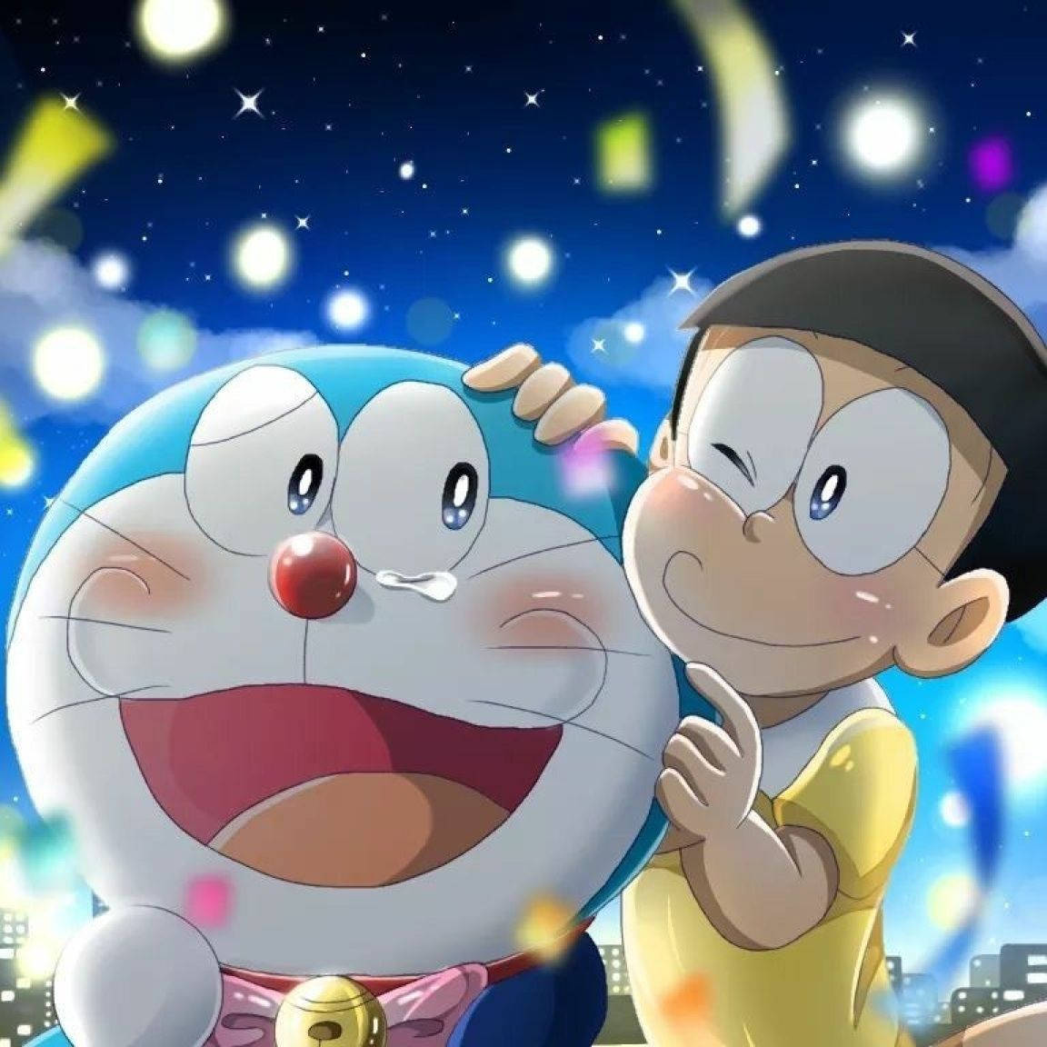 Doraemon And Nobita 桌布 壁紙 — 哆啦A夢和大雄在閃爍的星空下，伴隨著發光的散景燈光，分享著歡樂的時刻。