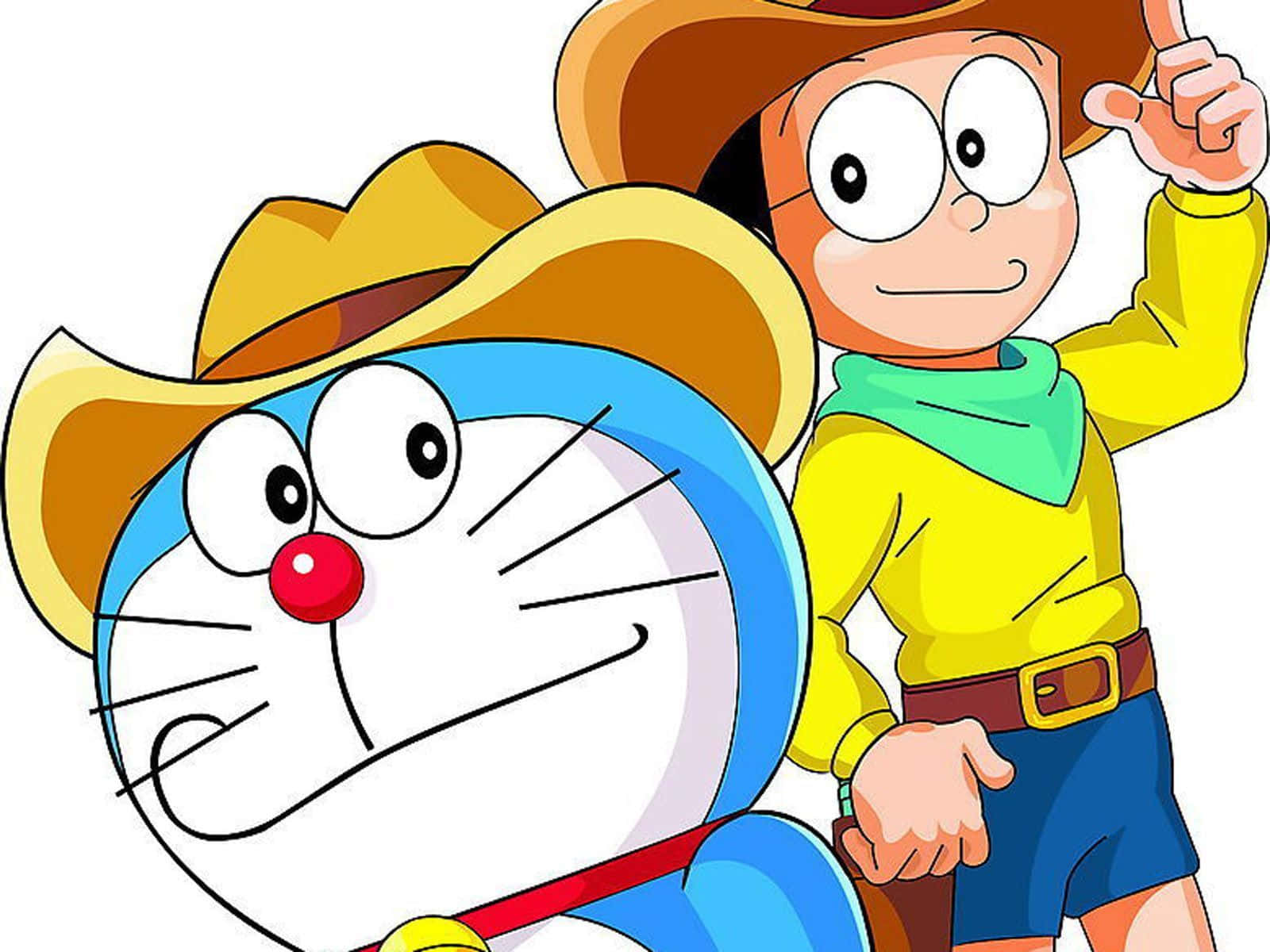 Doraemon 桌布 壁紙 — 哆啦A夢和大雄戴着牛仔帽，在純白背景前開心地擺姿勢。