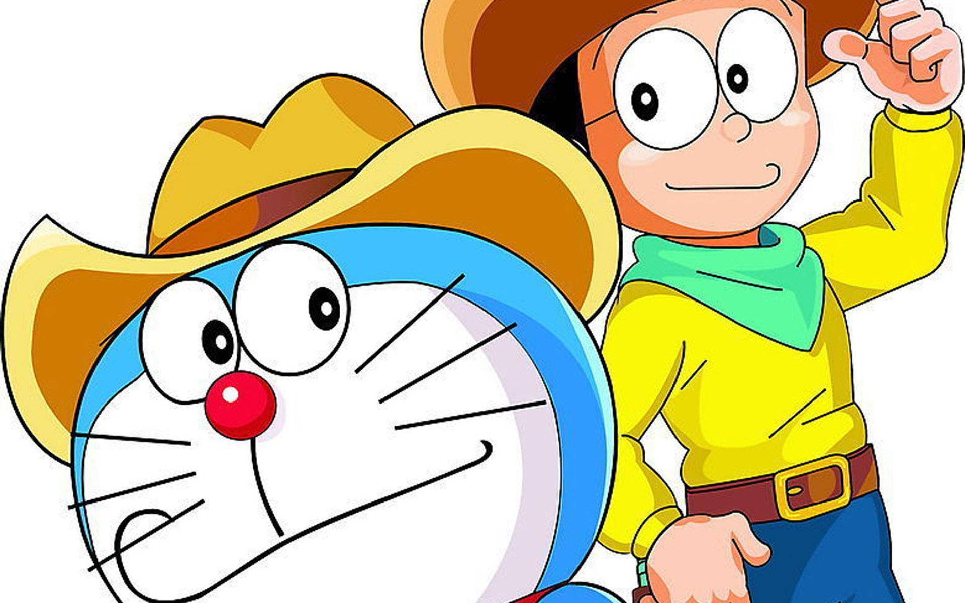 Doraemon And Nobita 桌布 壁紙 — 哆啦A夢和大雄戴着牛仔帽，在純白背景前開心地微笑。