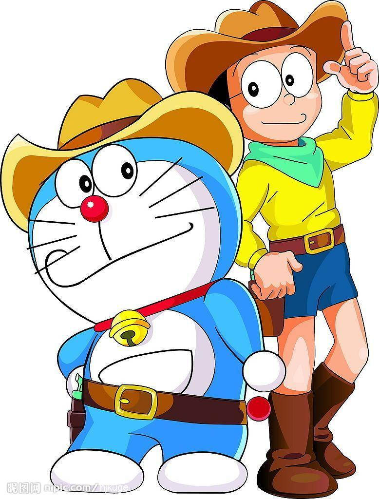 Doraemon 桌布 壁紙 — 哆啦A夢和大雄打扮成牛仔，戴著帽子和靴子在純白色背景前開心地擺姿勢。