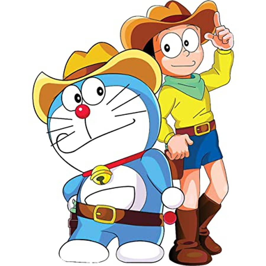 doraemon 4K 桌布 壁紙 — 哆啦A夢和大雄打扮成牛仔，戴著帽子和靴子，在純白背景前開心地擺姿勢。