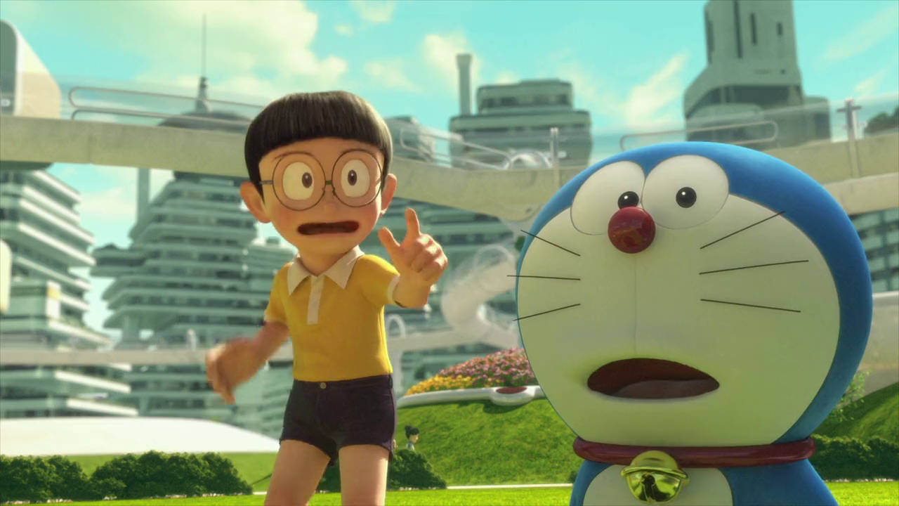 Doraemon And Nobita 桌布 壁紙 — 哆啦A夢和大雄站在一個未來主義的城市景觀中，有浮動結構和綠色草坪，在明亮的藍天下。