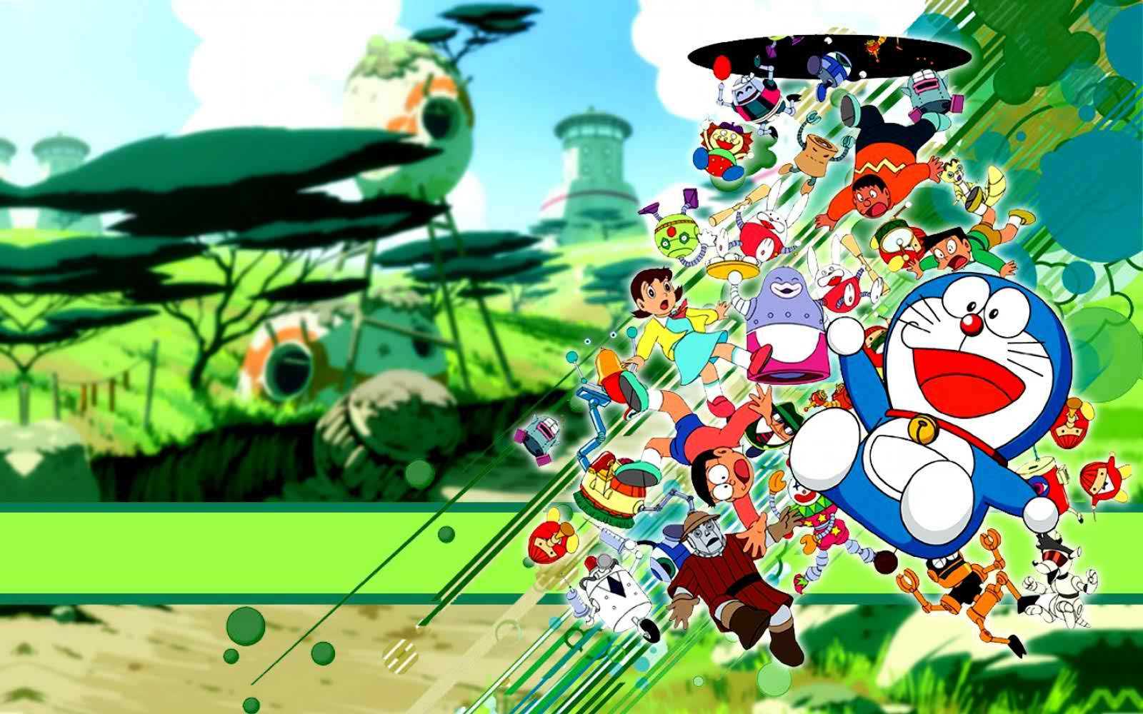 Doraemon 桌布 壁紙 — 哆啦A夢和朋友們在一個異想天開的未來景觀中，以充滿活力的綠色運動爆發。