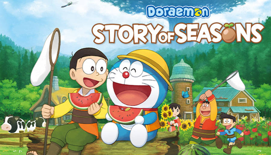 doraemon 4K 桌布 壁紙 — 哆啦A夢和朋友們在充滿向日葵和乳牛的鄉村農場環境中愉快地吃西瓜。