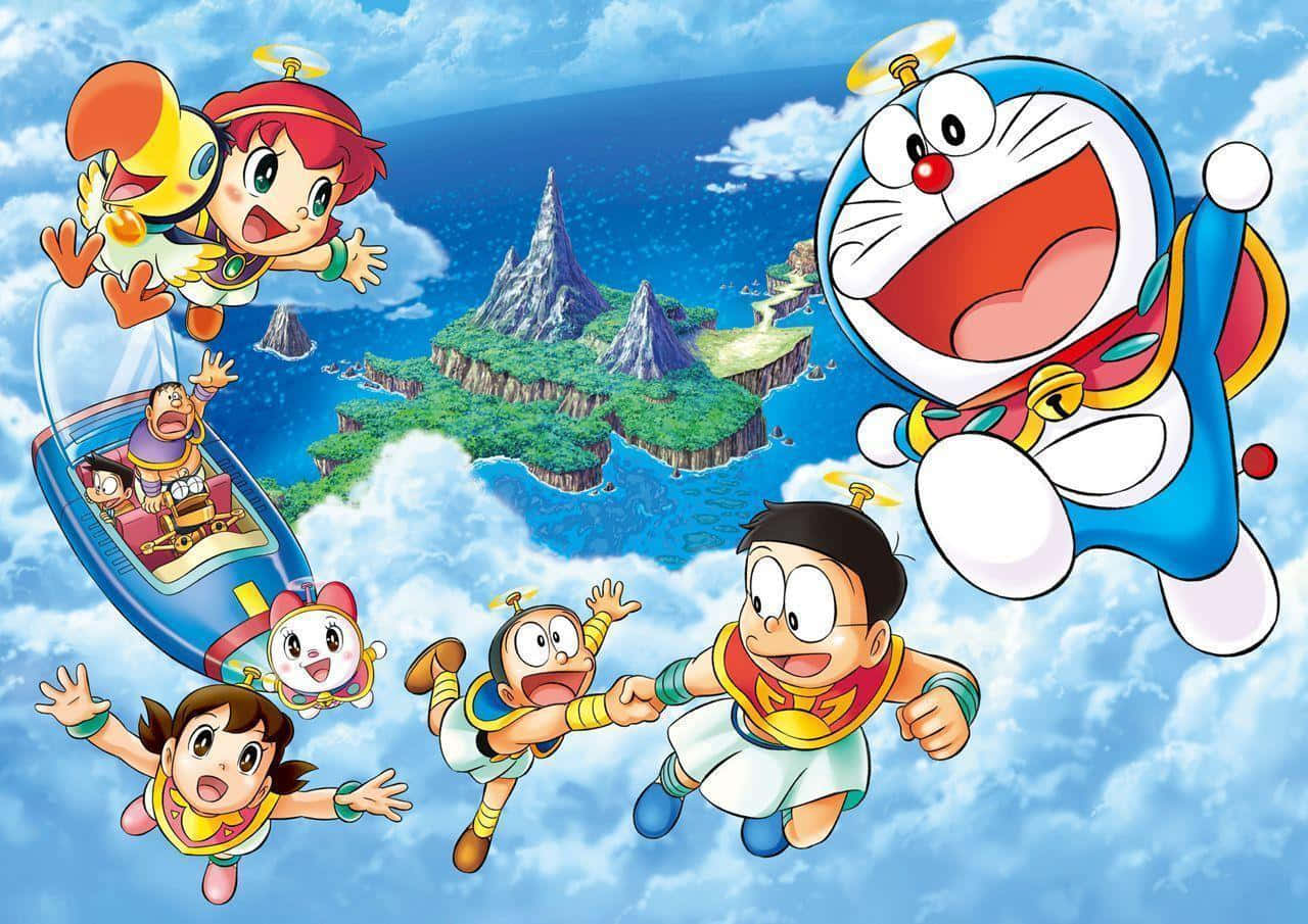 Doraemon 桌布 壁紙 — 哆啦A夢和朋友們在明亮的藍天下，歡快地翱翔於一個綠意盎然、山巒起伏的島嶼之上。