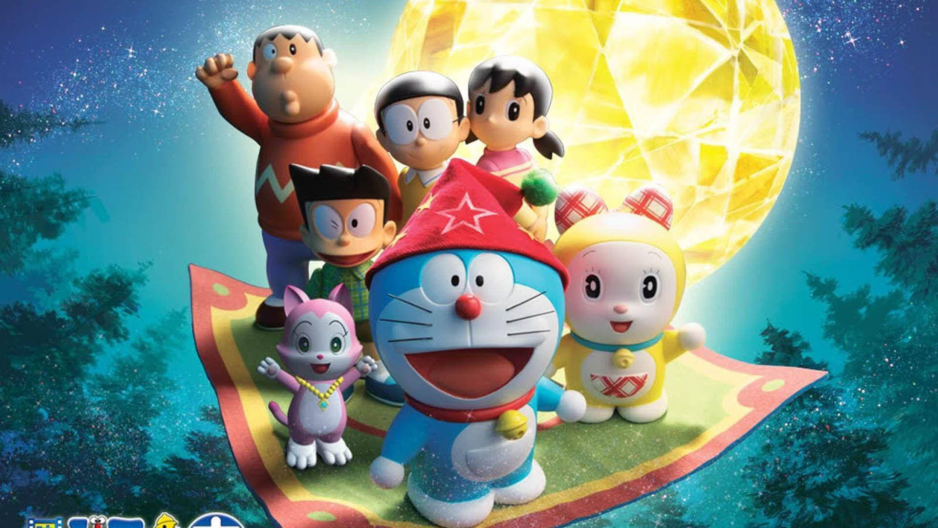 Doraemon And Nobita 桌布 壁紙 — 哆啦A夢和朋友們在星空下的夜晚森林中，站在一張飛毯上，快樂地望著巨大的發光月亮。