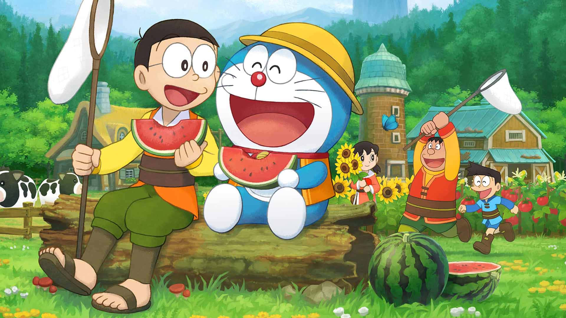 Doraemon 桌布 壁紙 — 哆啦A夢和朋友們在陽光明媚的鄉村花園裡快樂地吃西瓜，旁邊有牛和向日葵。