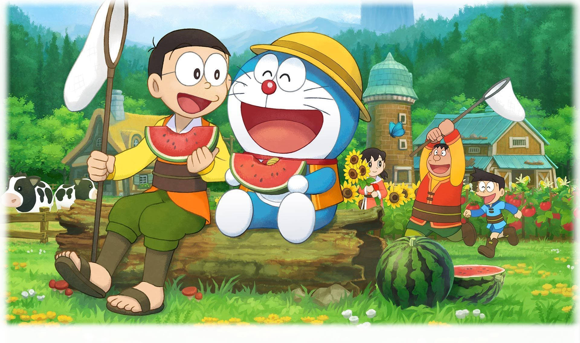 Doraemon And Nobita 桌布 壁紙 — 哆啦A夢和朋友們在陽光明媚的鄉村花園裡開心吃西瓜，有牛和向日葵。