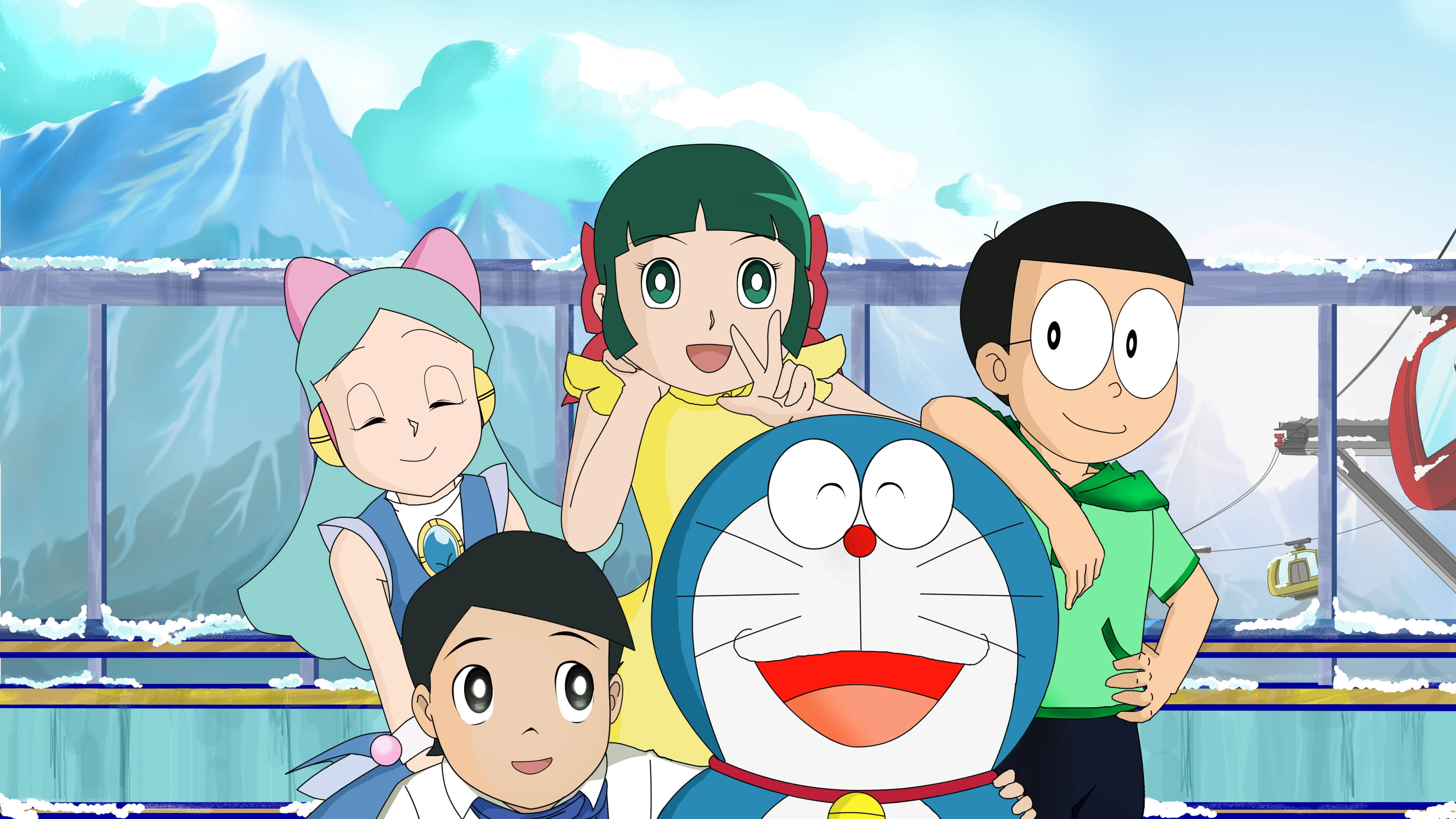 Doraemon 桌布 壁紙 — 哆啦A夢和朋友們在雪山纜車上開心地微笑，背後是明亮的藍色山峰。