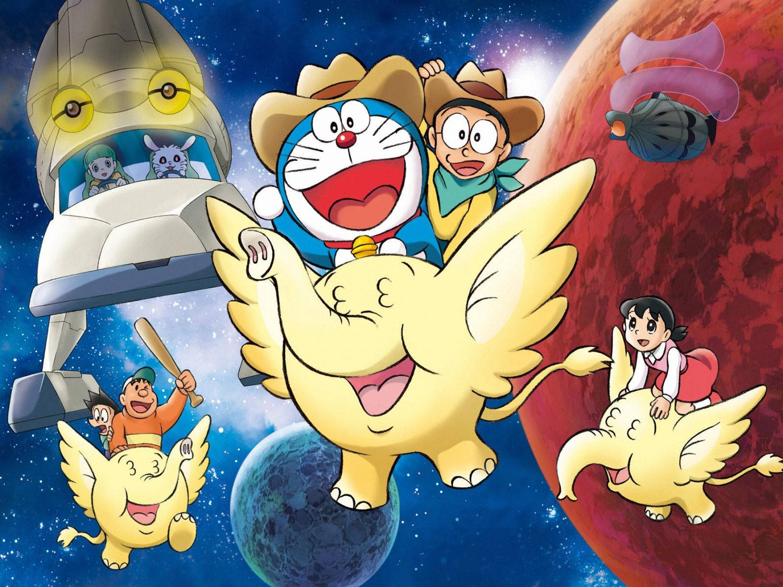 Doraemon 桌布 壁紙 — 哆啦A夢和朋友們快樂地騎著飛象穿過充滿行星和機器人太空船的 vibrant 星空空間。