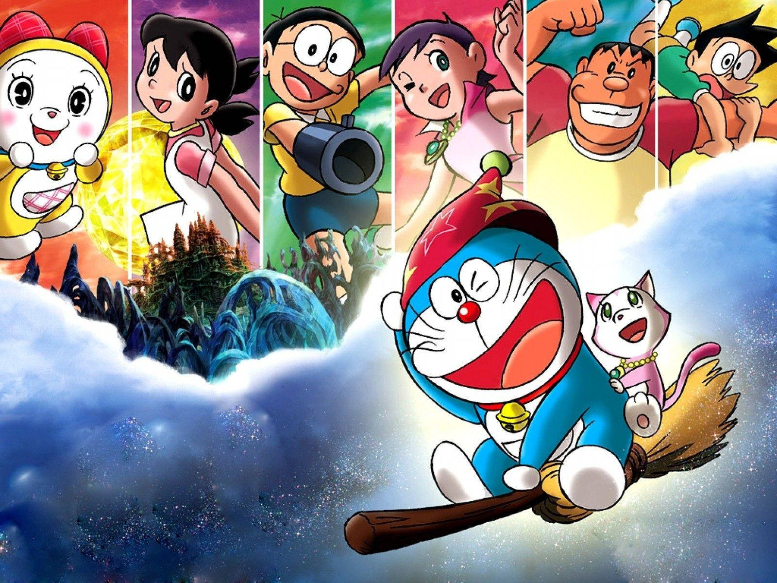 Doraemon 桌布 壁紙 — 哆啦A夢和朋友們愉快地騎著掃帚飛翔在星空之中，背後是他們冒險的鮮豔多彩面板。