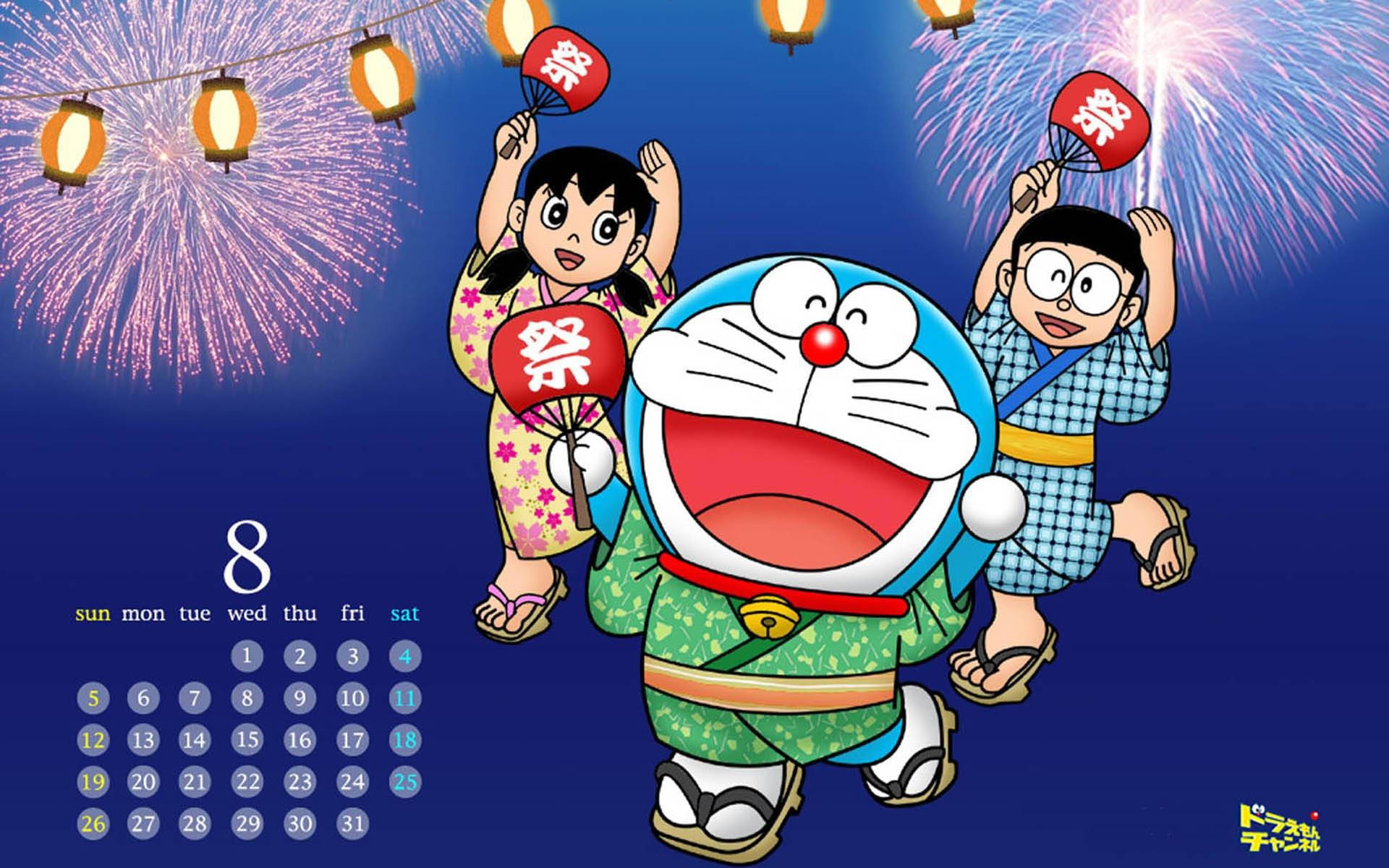 Doraemon 桌布 壁紙 — 哆啦A夢和朋友們穿著傳統日本服裝在煙火下慶祝節日。
