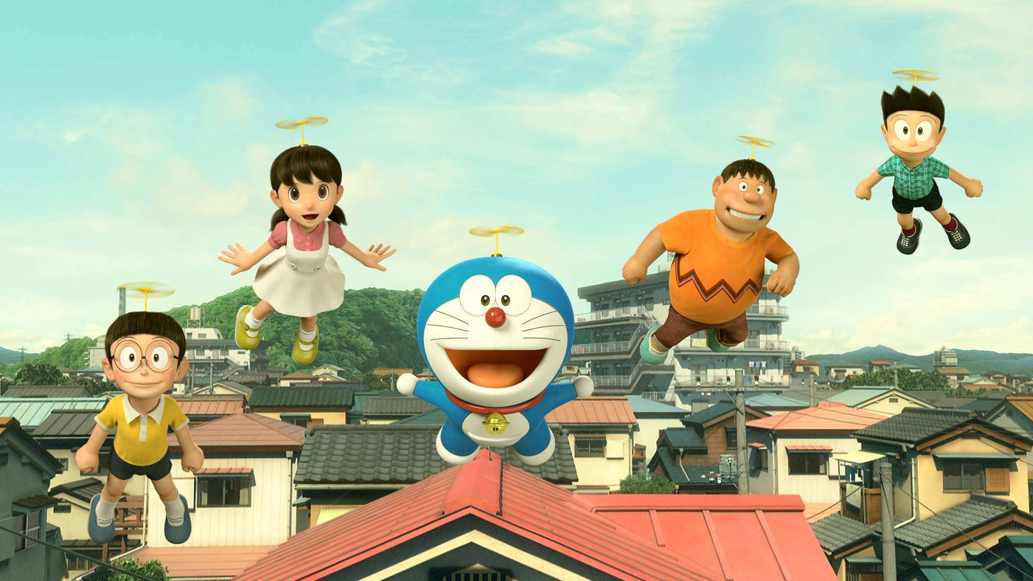 doraemon 4K 桌布 壁紙 — 哆啦A夢和朋友們頭頂螺旋槳，在晴朗的藍天下愉快地漂浮在日本小鎮上空。