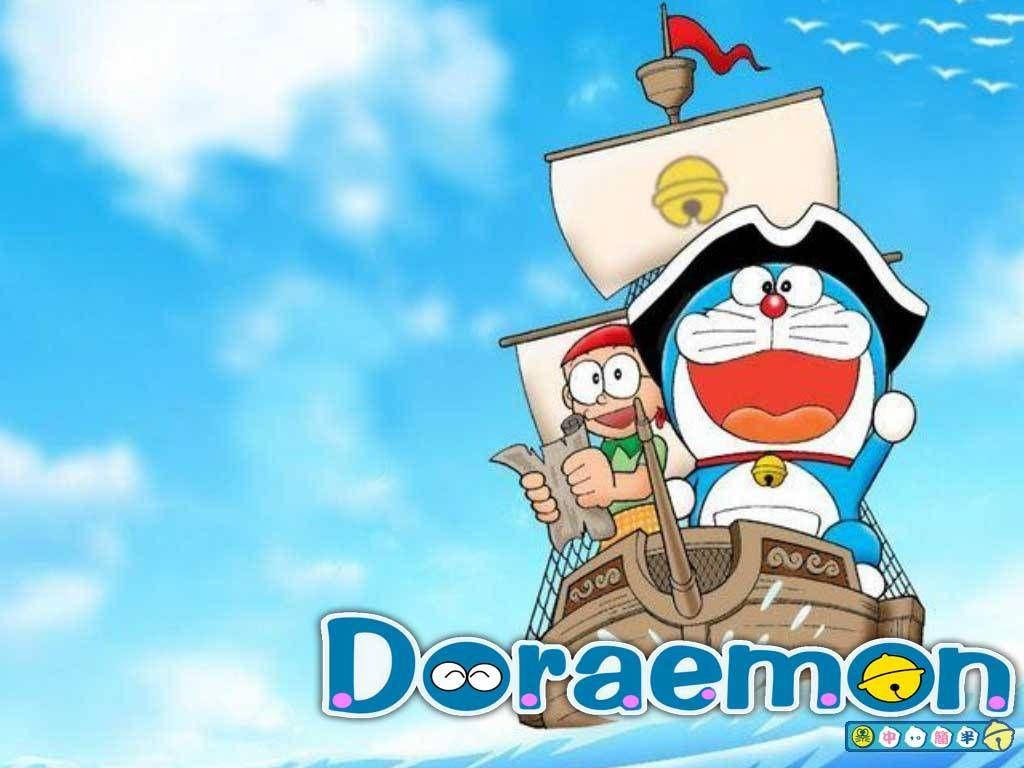 Doraemon And Nobita 桌布 壁紙 — 哆啦A夢和朋友在藍天白雲和飛鳥下航行海盜船。