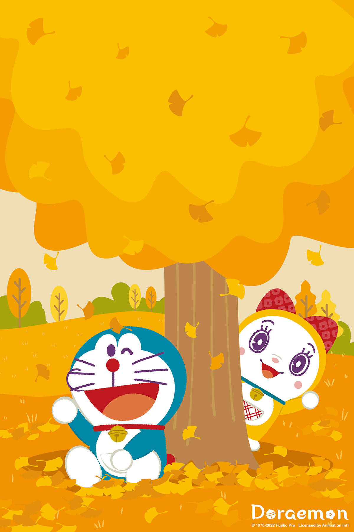 Doraemon 桌布 壁紙 — 哆啦A夢和朋友在金色銀杏樹下開心大笑，秋葉在他們周圍飄舞。