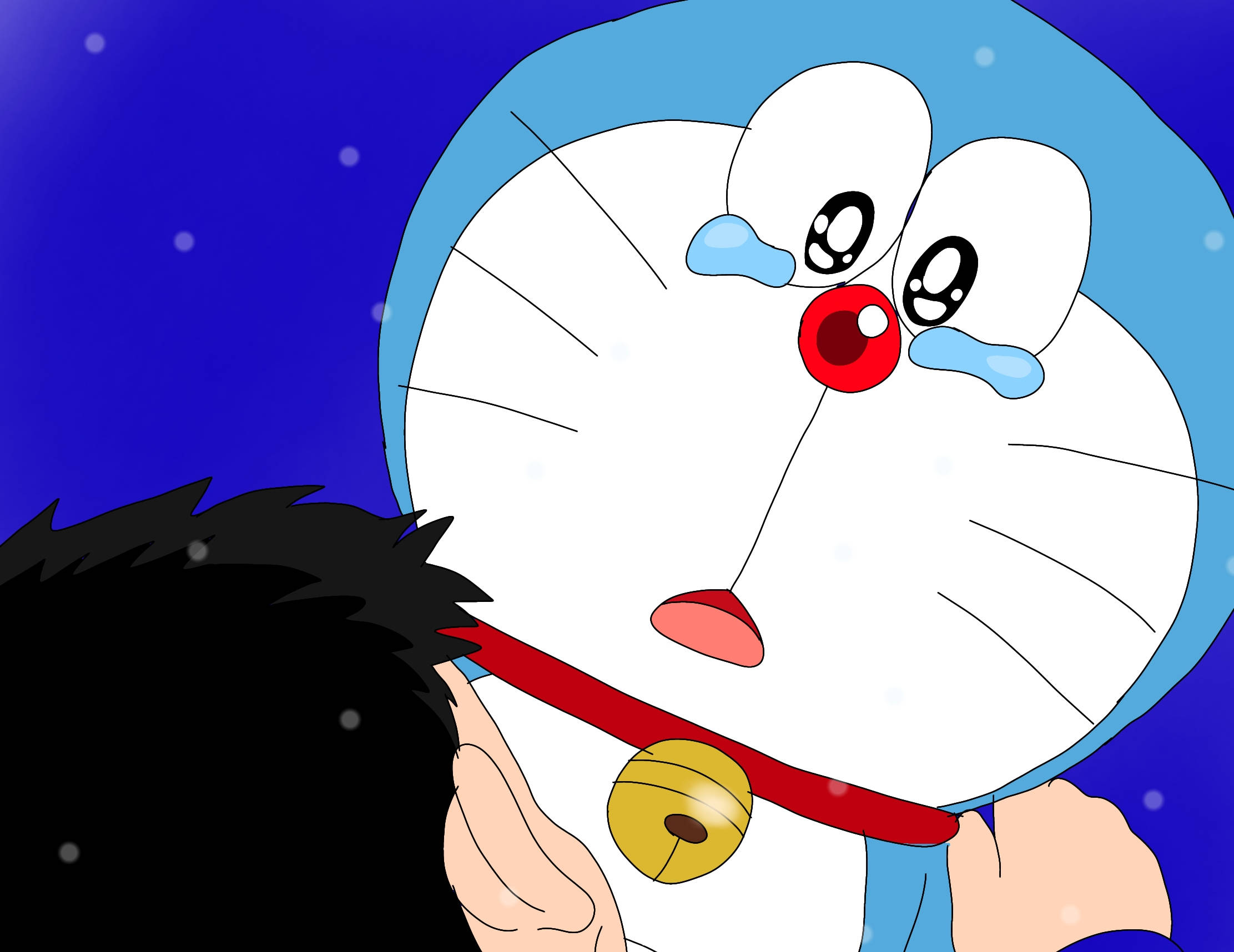 Cute Doraemon 桌布 壁紙 — 哆啦A夢在星空下流下藍色眼淚，被一隻手安慰著。