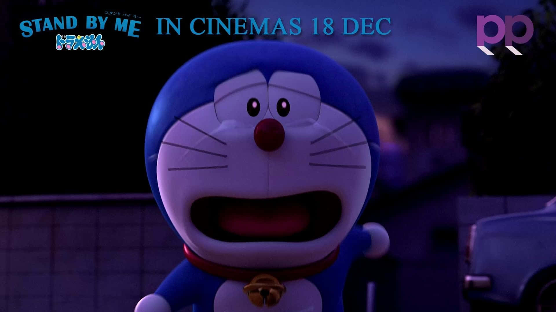 Doraemon 桌布 壁紙 — 哆啦A夢在深紫色夜晚背景下，睜大眼睛、張開嘴巴，看起來很驚訝。