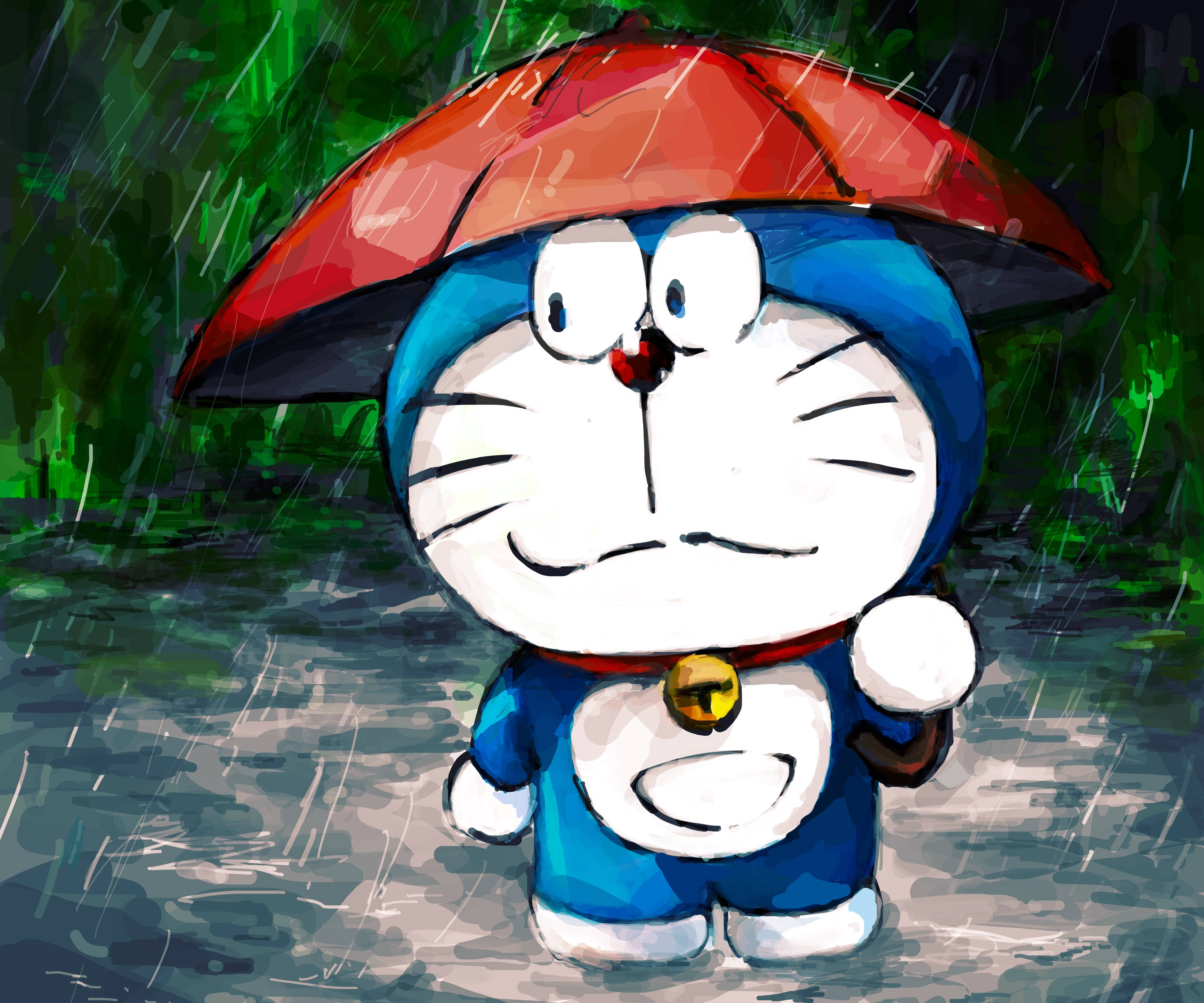 Doraemon 桌布 壁紙 — 哆啦A夢在深綠色背景的大雨中，站在紅色雨傘下，表情開心。