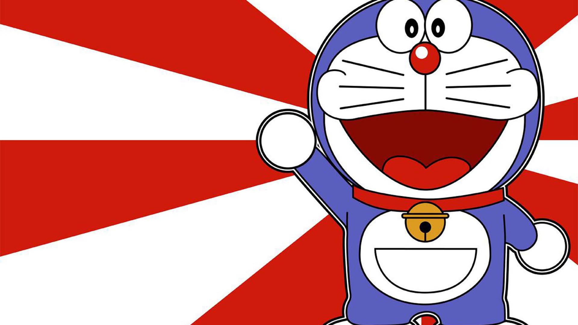 Doraemon 桌布 壁紙 — 哆啦A夢在紅白太陽光線背景下開心地微笑。