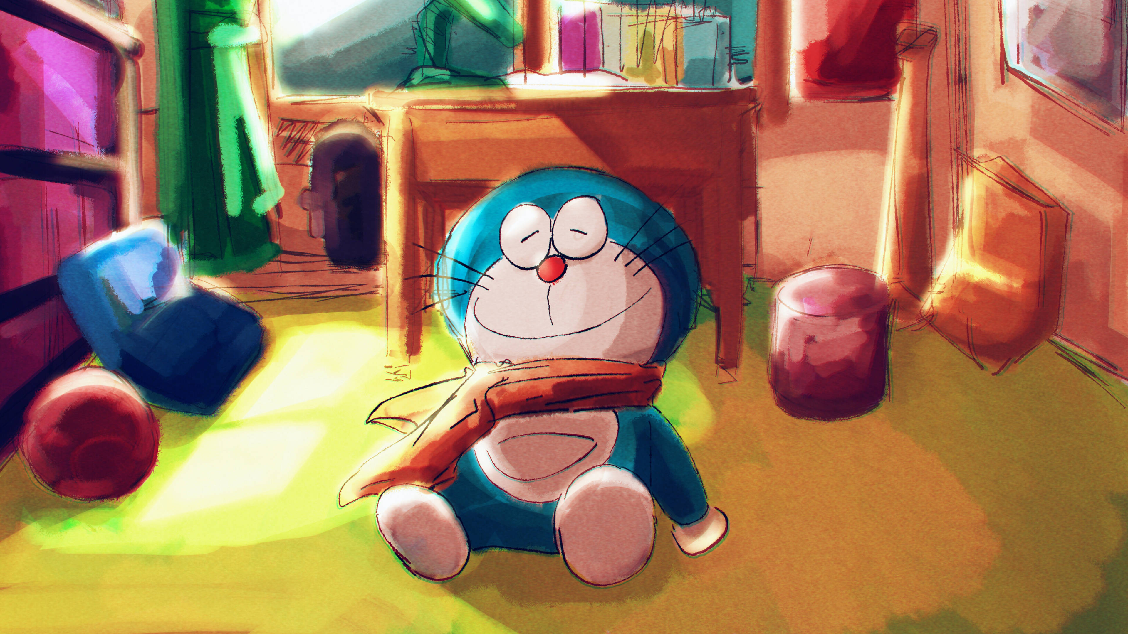 Doraemon 桌布 壁紙 — 哆啦A夢滿足地坐在陽光普照的地板上，身處一個舒適雜亂的房間，溫暖的金色光線從窗戶照射進來。
