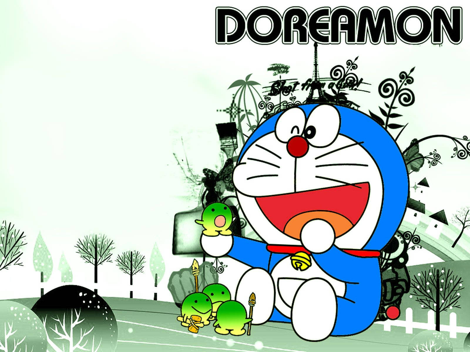 Doraemon 桌布 壁紙 — 哆啦A夢燦爛地微笑，抱著一隻綠色小生物，附近還有三隻，場景是風格化的戶外場景。