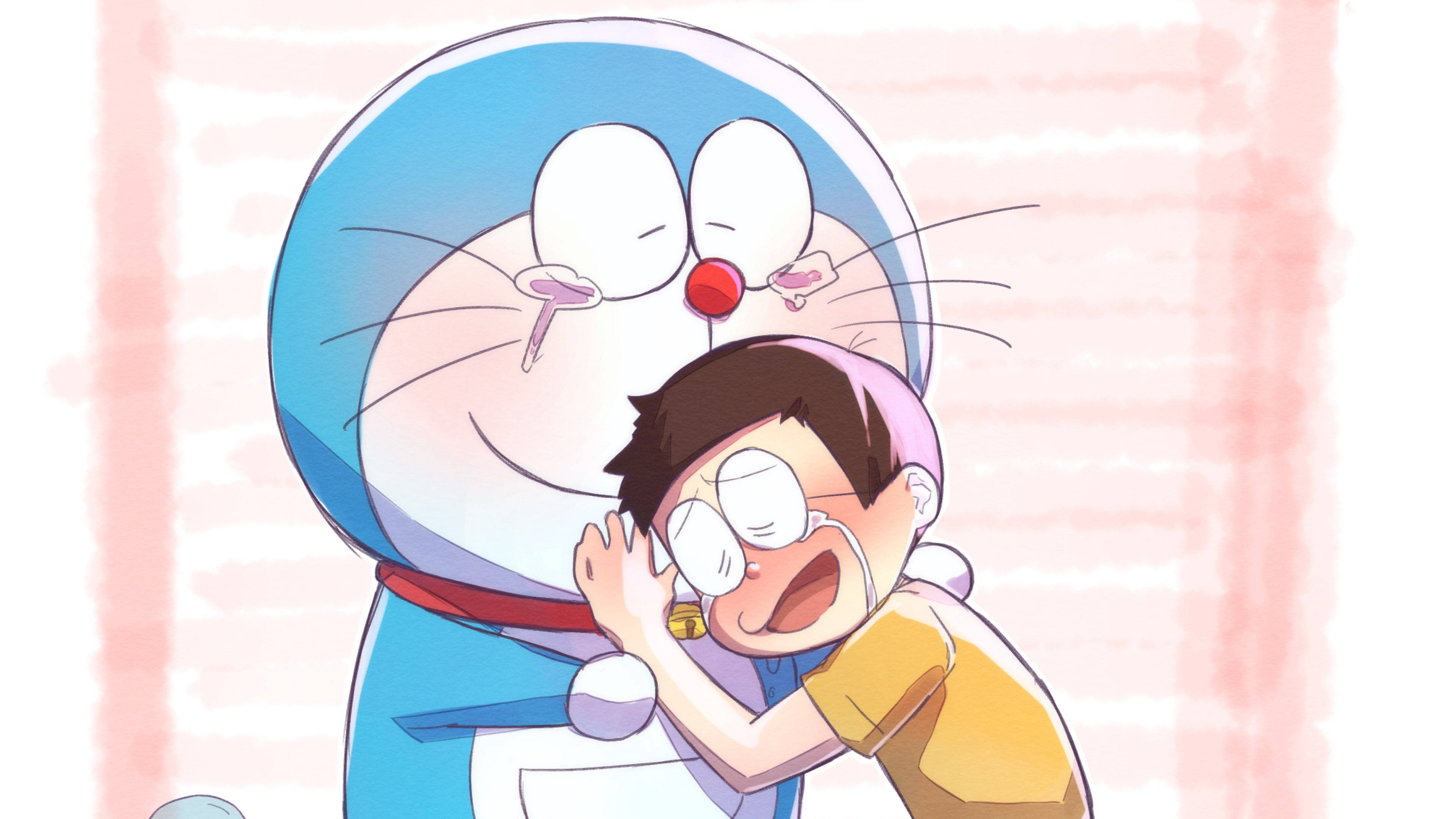 doraemon 4K 桌布 壁紙 — 哆啦A夢緊緊擁抱他的朋友大雄，在柔軟的粉紅色條紋背景前開懷大笑。