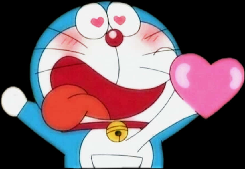 anime heart 桌布 壁紙 — 哆啦A夢臉紅心跳，雙眼變成心形，手持粉紅色心形，背景為黑色。