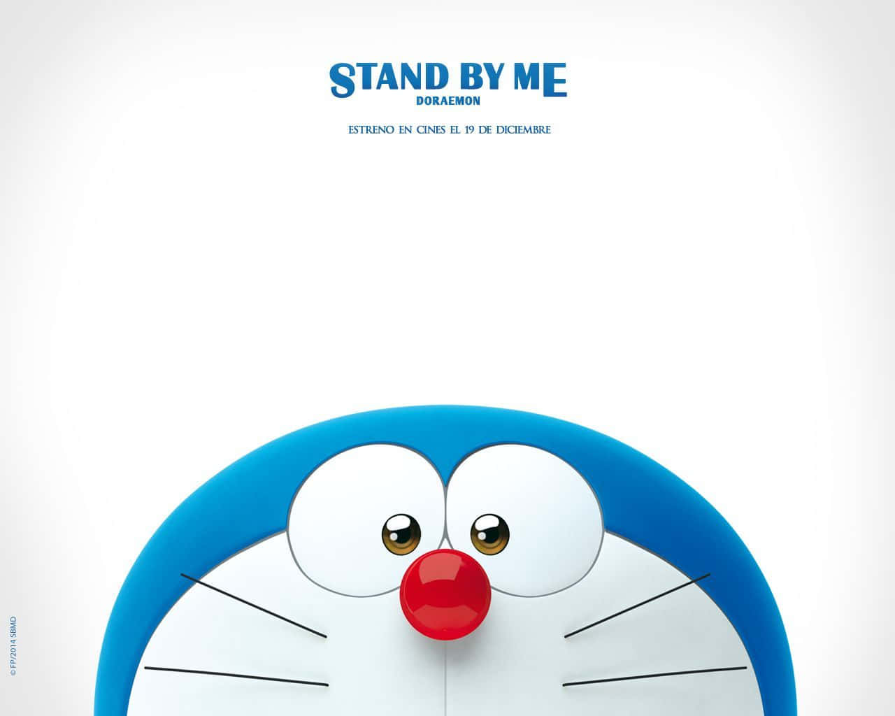 Doraemon 桌布 壁紙 — 哆啦A夢臉部特寫，大眼睛和紅鼻子，純白色背景，上方有電影標題文字。