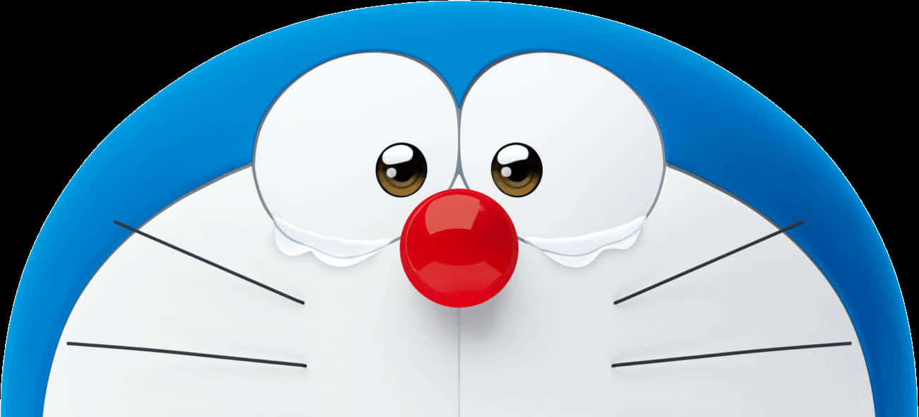 Doraemon 桌布 壁紙 — 哆啦A夢臉部特寫，顯示大圓眼、紅鼻子和藍色頭部，背景為黑色。