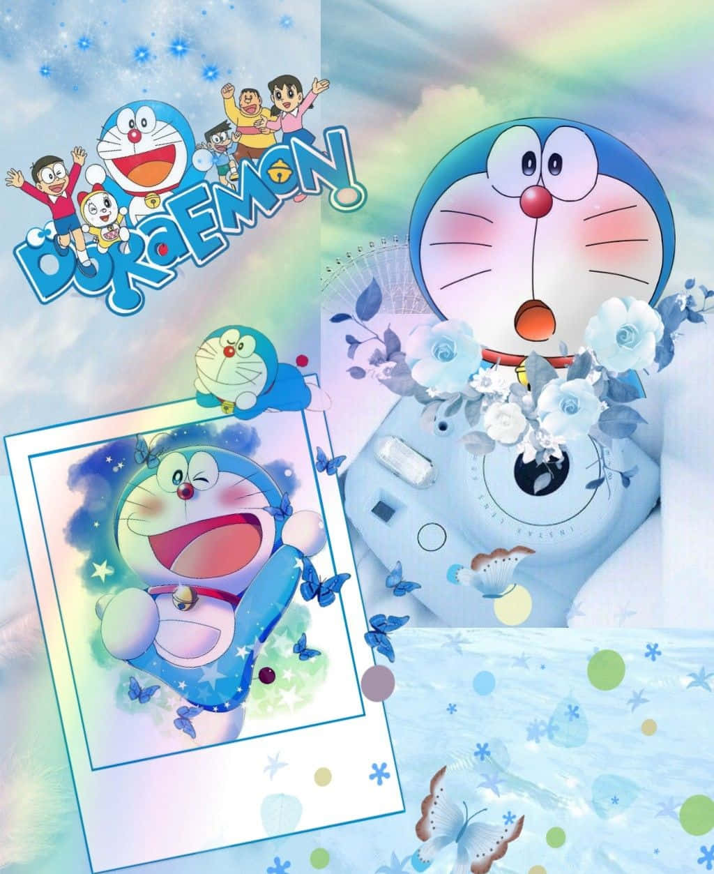 Doraemon 桌布 壁紙 — 哆啦A夢與朋友們在粉彩天空中的夢幻拼貼，配有蝴蝶、花朵和拍立得相框。