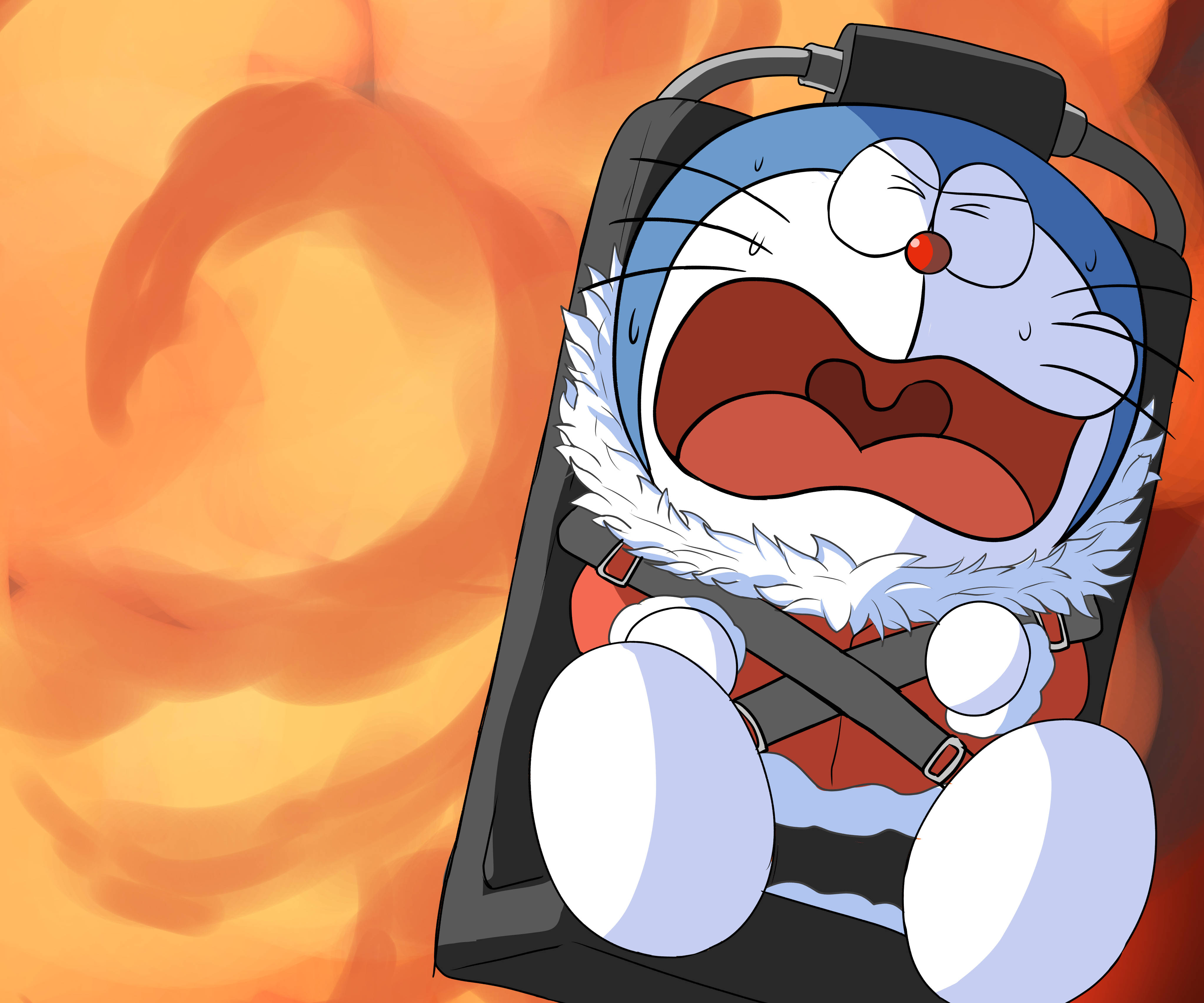 Doraemon 桌布 壁紙 — 哆啦A夢被綁在座位上尖叫，熾熱的橙色火焰吞噬了背景。