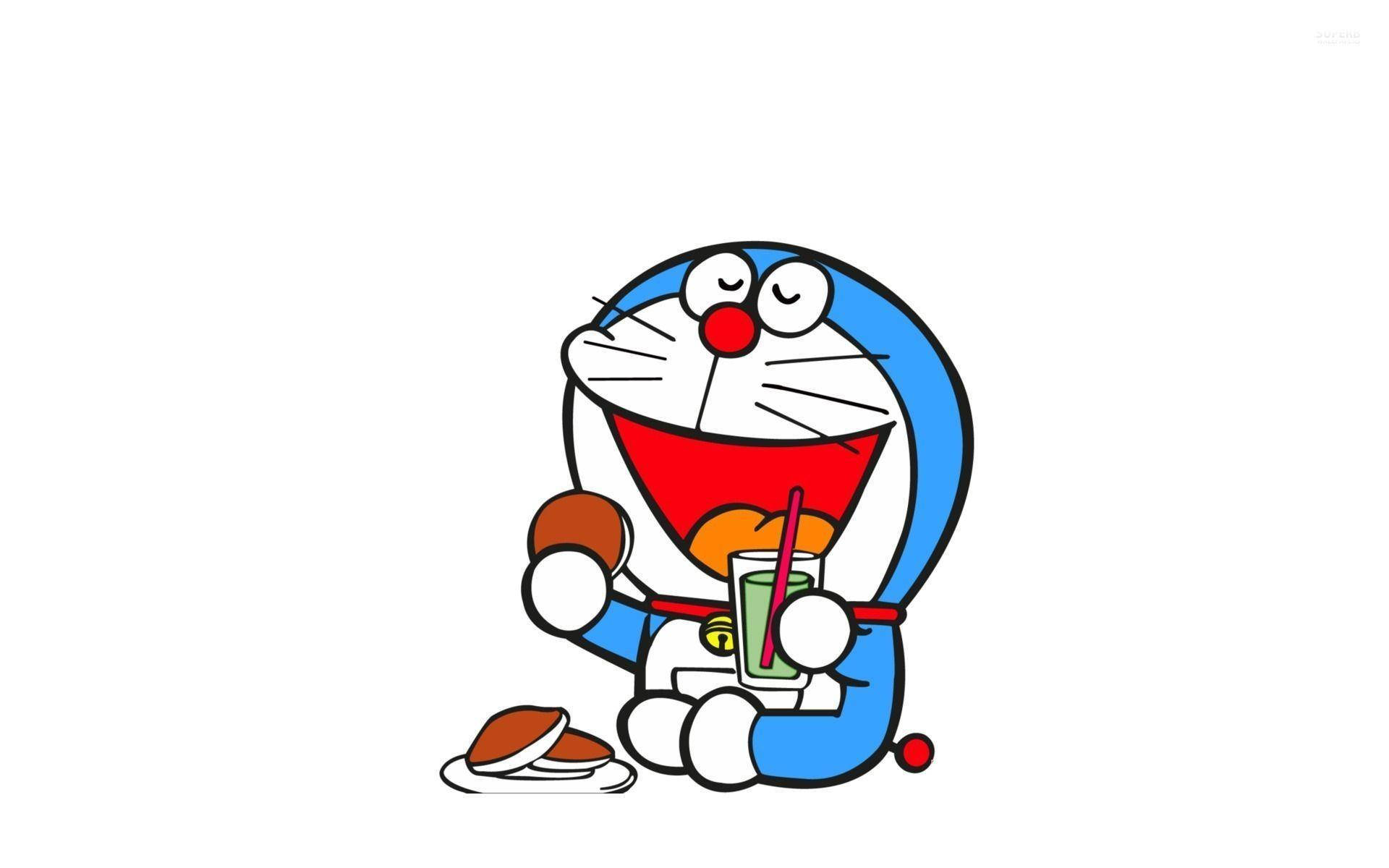 Doraemon 桌布 壁紙 — 哆啦A夢開心地喝著綠色飲料，同時拿著一個三明治，表情愉悅。