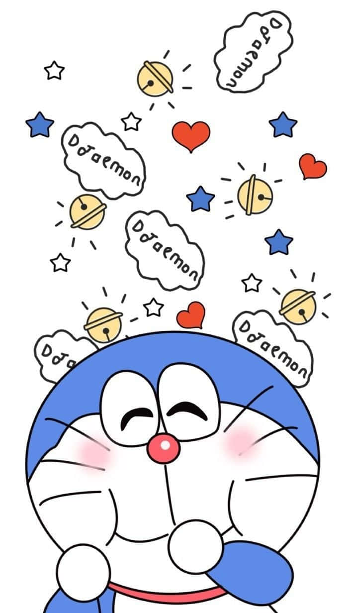 Doraemon 桌布 壁紙 — 哆啦A夢開心微笑，被漂浮的心形、星星和帶有他名字的對話氣泡包圍，呈現歡樂的卡通風格。