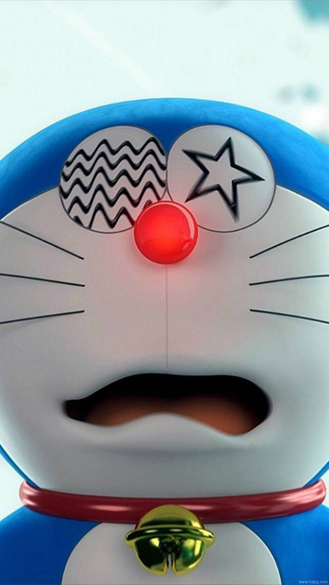 Doraemon 桌布 壁紙 — 哆啦A夢驚訝臉部的特寫，一隻眼睛呈波浪形，另一隻呈星形，紅色鼻子，金色鈴鐺項圈。