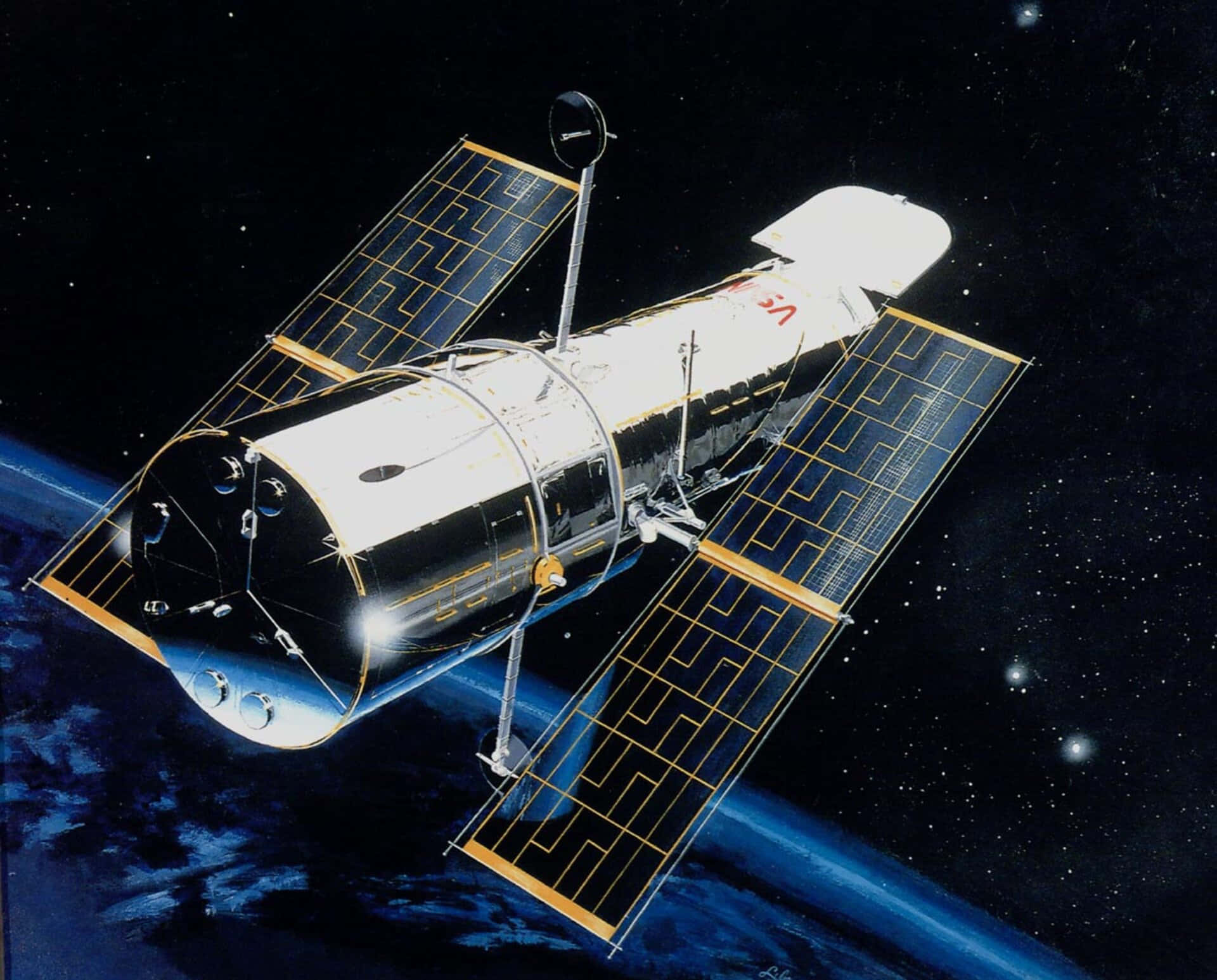 太空 桌布 壁紙 — 哈伯太空望遠鏡在佈滿星星的黑色天空和下方的藍色行星背景下繞地球運行。