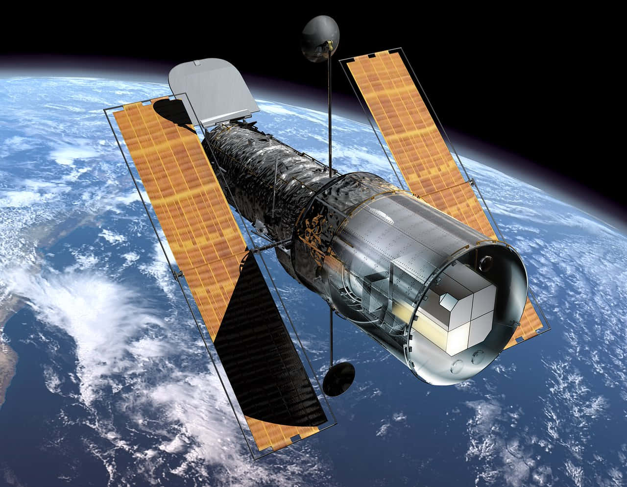 Hubble Space Telescope 桌布 壁紙 — 哈伯太空望遠鏡在地球軌道上運行，太陽能板在太空的漆黑中展開。