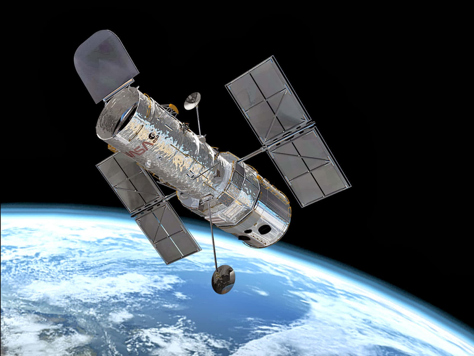 Hubble Space Telescope 桌布 壁紙 — 哈伯太空望遠鏡在太空的漆黑背景下繞地球運行，下方是地球的藍白色曲線。
