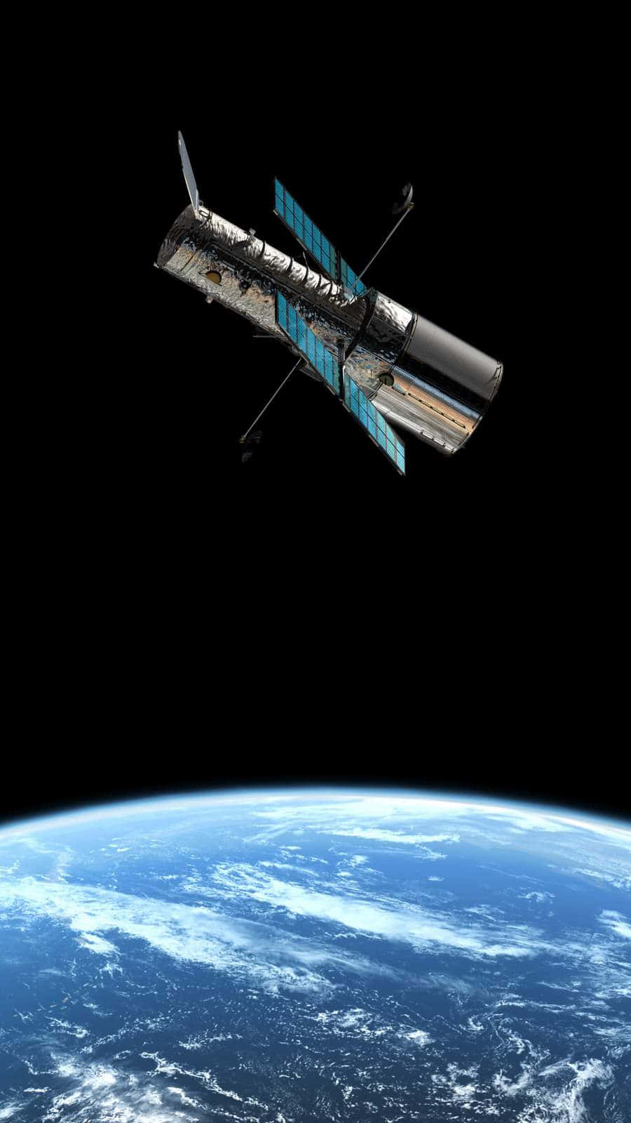 Hubble Space Telescope 桌布 壁紙 — 哈伯太空望遠鏡在漆黑的太空中繞地球運行，藍色星球在下方。
