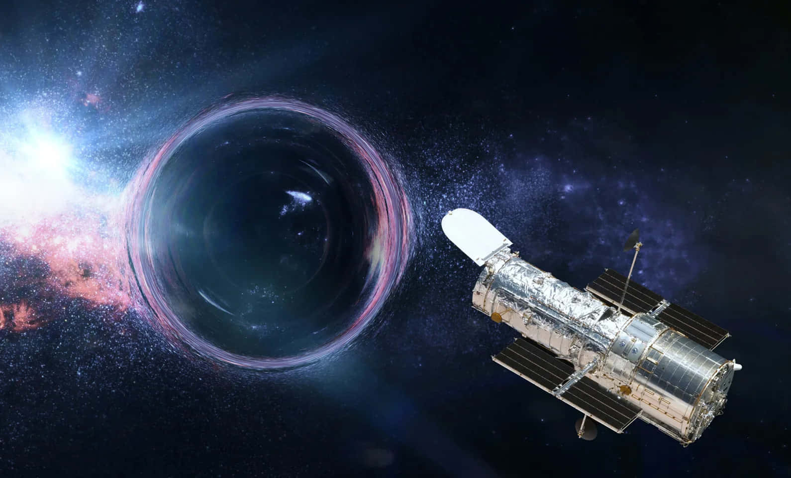 Black Hole Hubble Telescope 桌布 壁紙 — 哈伯太空望遠鏡漂浮在一個發光的黑洞附近，背景是繁星點點的宇宙。